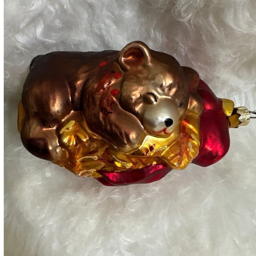 Vintage Style Glass Sleeping Bear Honey Pot Christmas Ornament Brown Gold Red